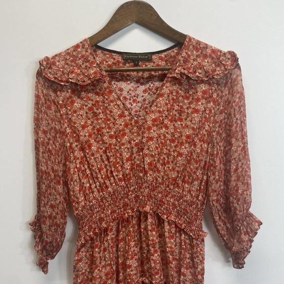 Vivienne Midow Dress Size 8‎ 100% Silk Red Orange Floral Ruffle Elastic Waist - Picture 2 of 8